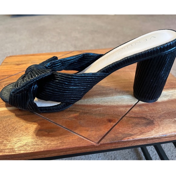 Venus Black Pleated Bow Mule Heels Block Heel Slide Sandals Womens 9.5 - Picture 10 of 13